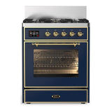 ILVE UM30NR3MBG Majestic III 30 inch Dual Fuel Range with 5 Black Brass Burners, Dual Function Burner up to 25,000 BTU (Natural Gas, Triple Glass Door, Midnight Blue, Brass)