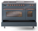 Nostalgie II 48 Inch Dual Fuel Liquid Propane Freestanding Range in Blue Grey with Copper Trim