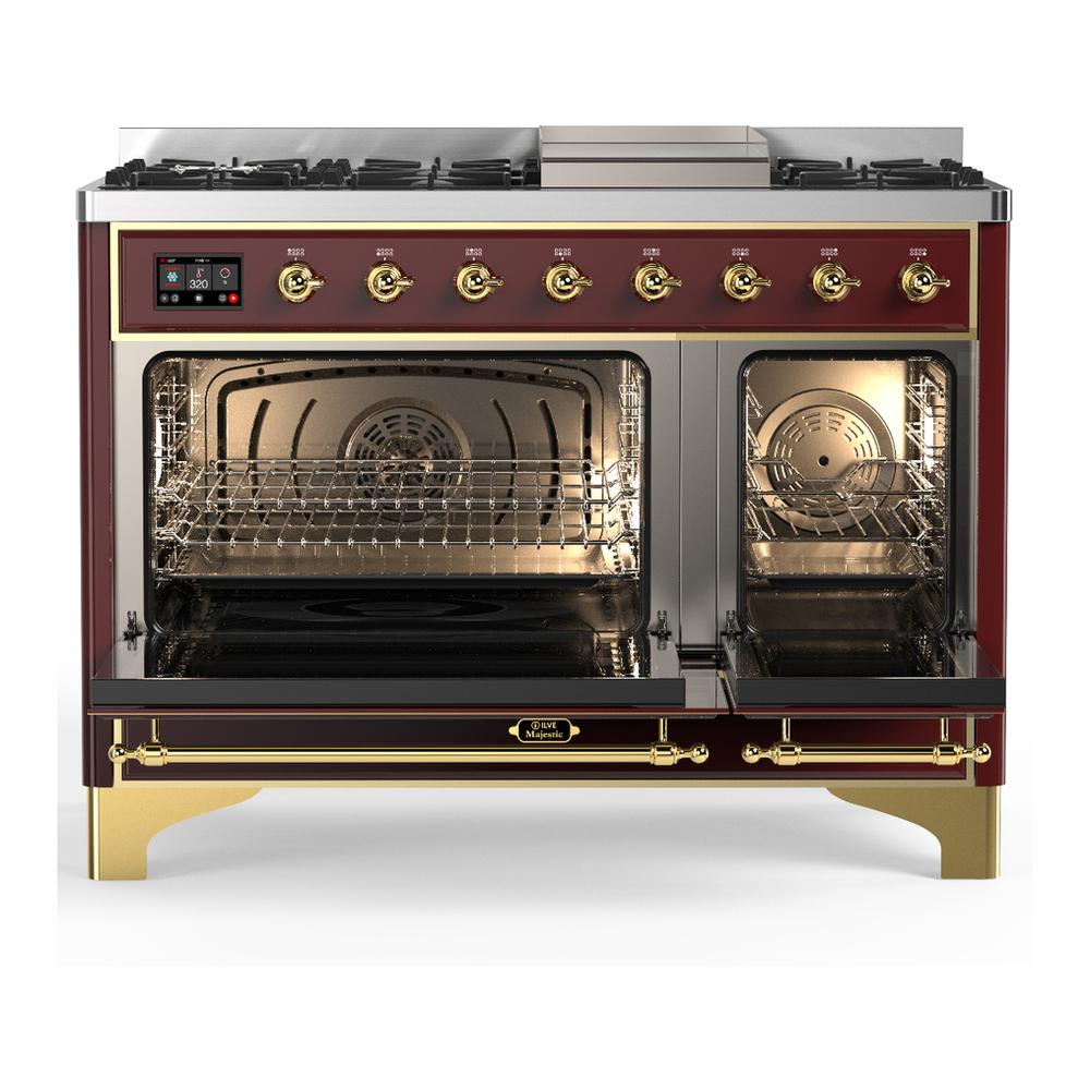 ILVE UM48FNR3BUGLP Majestic III 48 inch Dual Fuel Range with 8 Burners and Griddle, Dual Function Burner up to 25,000 BTU (Liquid Propane, Triple Glass Door, Burgundy, Brass)