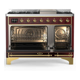ILVE UM48FNR3BUGLP Majestic III 48 inch Dual Fuel Range with 8 Burners and Griddle, Dual Function Burner up to 25,000 BTU (Liquid Propane, Triple Glass Door, Burgundy, Brass)