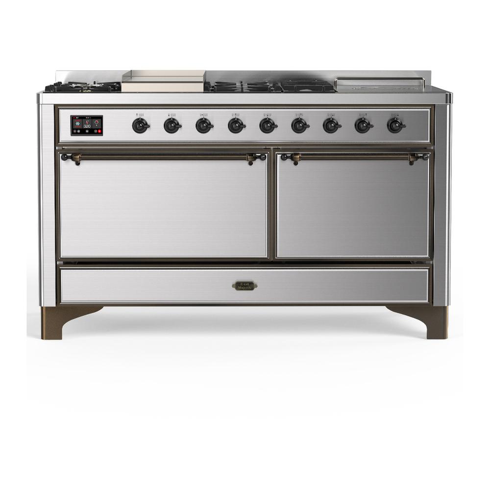 ILVE UM60FSQNR3SSB Majestic III 60 inch Dual Fuel Range with 7 Burners, Griddle and French Top, Dual Function Burner with up to 25,000 BTU (Natural Gas, Solid Door, Stainless Steel, Burnished)