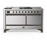 ILVE UM60FSQNR3SSB Majestic III 60 inch Dual Fuel Range with 7 Burners, Griddle and French Top, Dual Function Burner with up to 25,000 BTU (Natural Gas, Solid Door, Stainless Steel, Burnished)