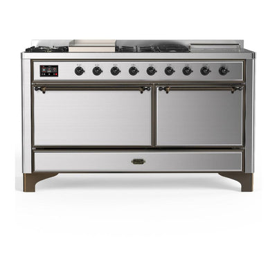 ILVE UM60FSQNR3SSB Majestic III 60 inch Dual Fuel Range with 7 Burners, Griddle and French Top, Dual Function Burner with up to 25,000 BTU (Natural Gas, Solid Door, Stainless Steel, Burnished)