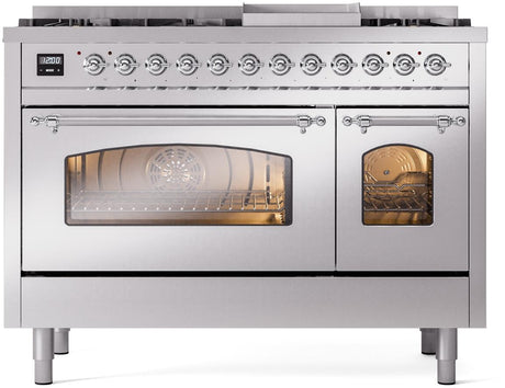 Nostalgie II 48 Inch Dual Fuel Natural Gas Freestanding Range in Stainless Steel with Chrome Trim