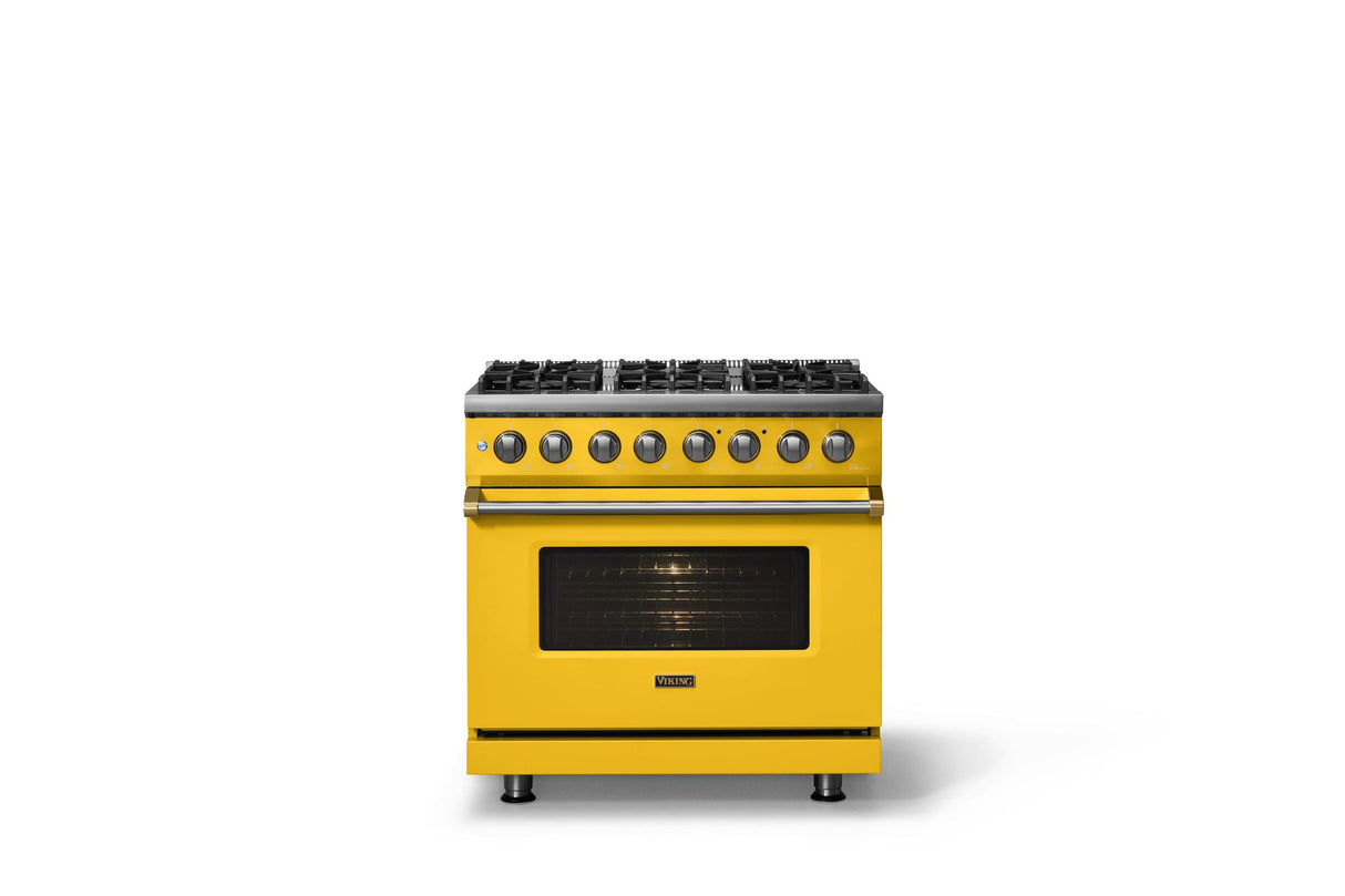 36"W. Dual Fuel Range (Burner: 6b, Finish: Daffodil, Trim: Brushed Brass, Fuel: Natural Gas)