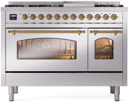 Nostalgie II 48 Inch Dual Fuel Natural Gas Freestanding Range in Stainless Steel with Brass Trim