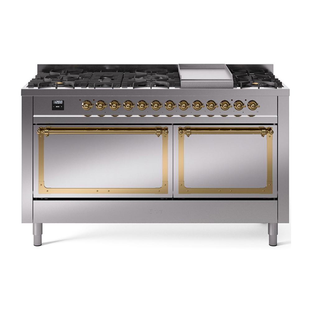 ILVE UN60FQNMPSSGLP Nostalgie II Noblesse 60 inch Dual Fuel Range (9 Sealed Burners + Griddle, Liquid Propane, Solid Door, Stainless Steel, Brass)