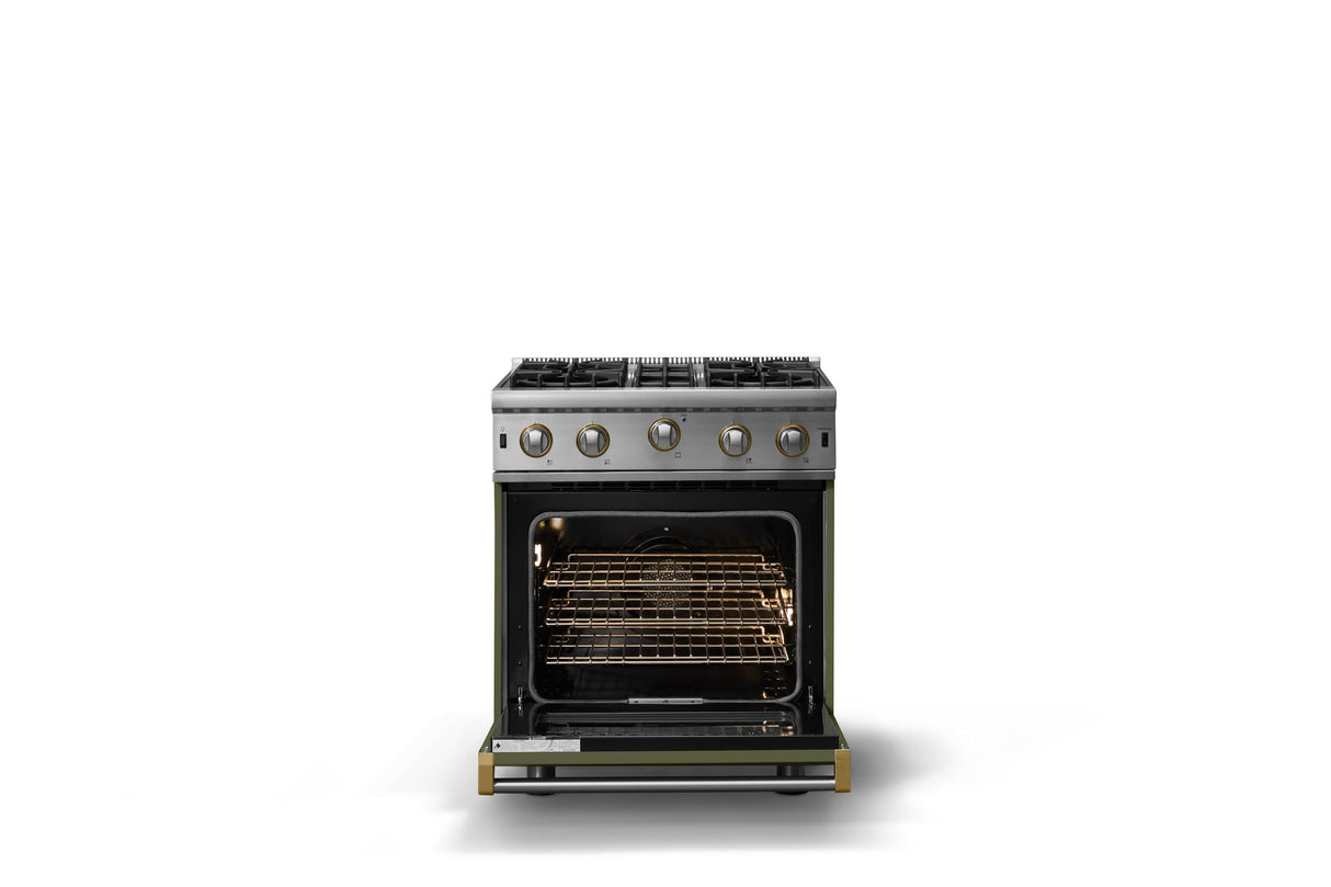 30"W. Open Burner Gas Range (Finish: Martini, Trim: Brushed Brass, Fuel: Propane)