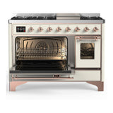 ILVE UM48FNR3AWPLP Majestic III 48 inch Dual Fuel Range with 8 Burners and Griddle, Dual Function Burner up to 25,000 BTU (Liquid Propane, Triple Glass Door, Antique White, Copper)