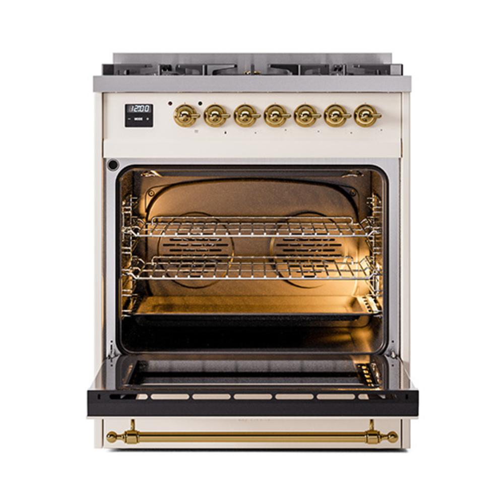 ILVE UN30QNMPAWGLP Nostalgie II Noblesse 30 inch Dual Fuel Range (Liquid Propane, Solid Door, Antique White, Brass)
