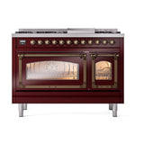 ILVE UN48FNMPBUB Nostalgie II Noblesse 48 inch Dual Fuel Range (8 Sealed Burners + Griddle, Natural Gas, Triple Glass Door, Burgundy, Burnished)