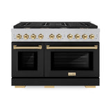 ZLINE Autograph Edition 48 in. 6.7 cu. ft. Paramount Double Oven Dual Fuel Range with 8 Burner Gas Cooktop in DuraSnow' Stainless Steel with Black Matte Door and Polished Gold Accents (SDRSZ-BLM-48-G)