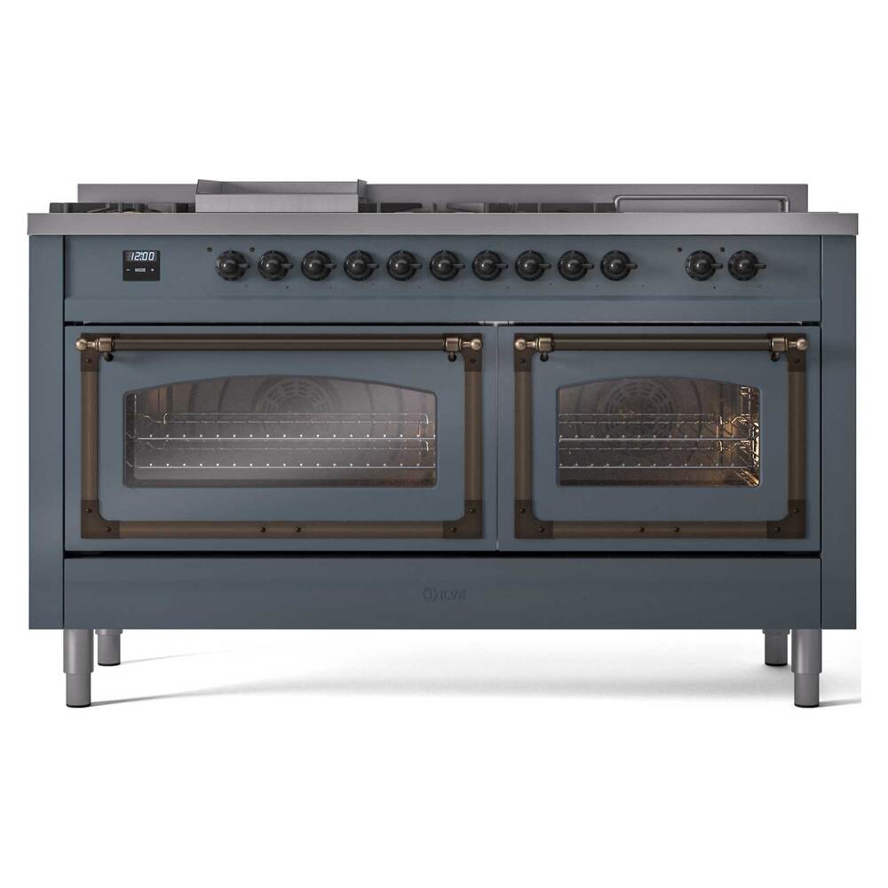 ILVE UN60FSNMPBGBLP Nostalgie II Noblesse 60 inch Dual Fuel Range (7 Sealed Burners + Griddle + French Top, Liquid Propane, Triple Glass Door, Blue Grey, Burnished)