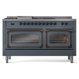 ILVE UN60FSNMPBGBLP Nostalgie II Noblesse 60 inch Dual Fuel Range (7 Sealed Burners + Griddle + French Top, Liquid Propane, Triple Glass Door, Blue Grey, Burnished)