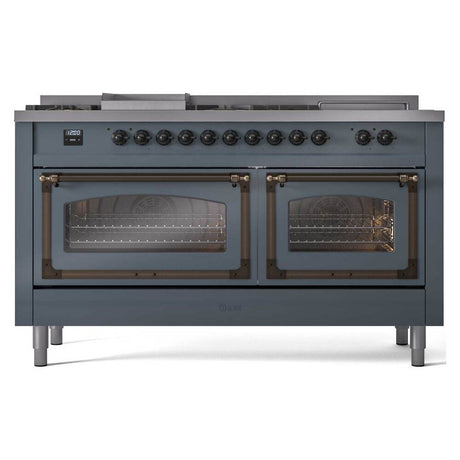 ILVE UN60FSNMPBGBLP Nostalgie II Noblesse 60 inch Dual Fuel Range (7 Sealed Burners + Griddle + French Top, Liquid Propane, Triple Glass Door, Blue Grey, Burnished)