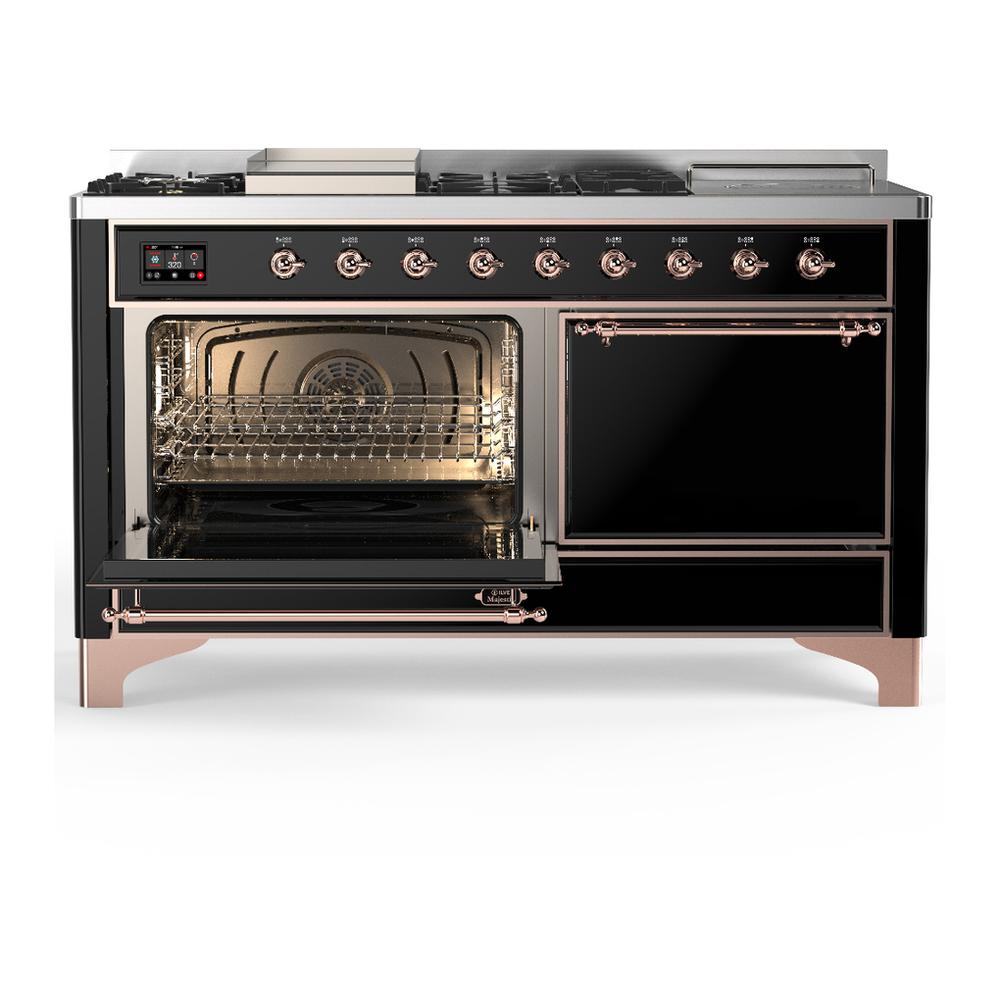 ILVE UM60FSQNR3BKP Majestic III 60 inch Dual Fuel Range with 7 Burners, Griddle and French Top, Dual Function Burner with up to 25,000 BTU (Natural Gas, Solid Door, Glossy Black, Copper)