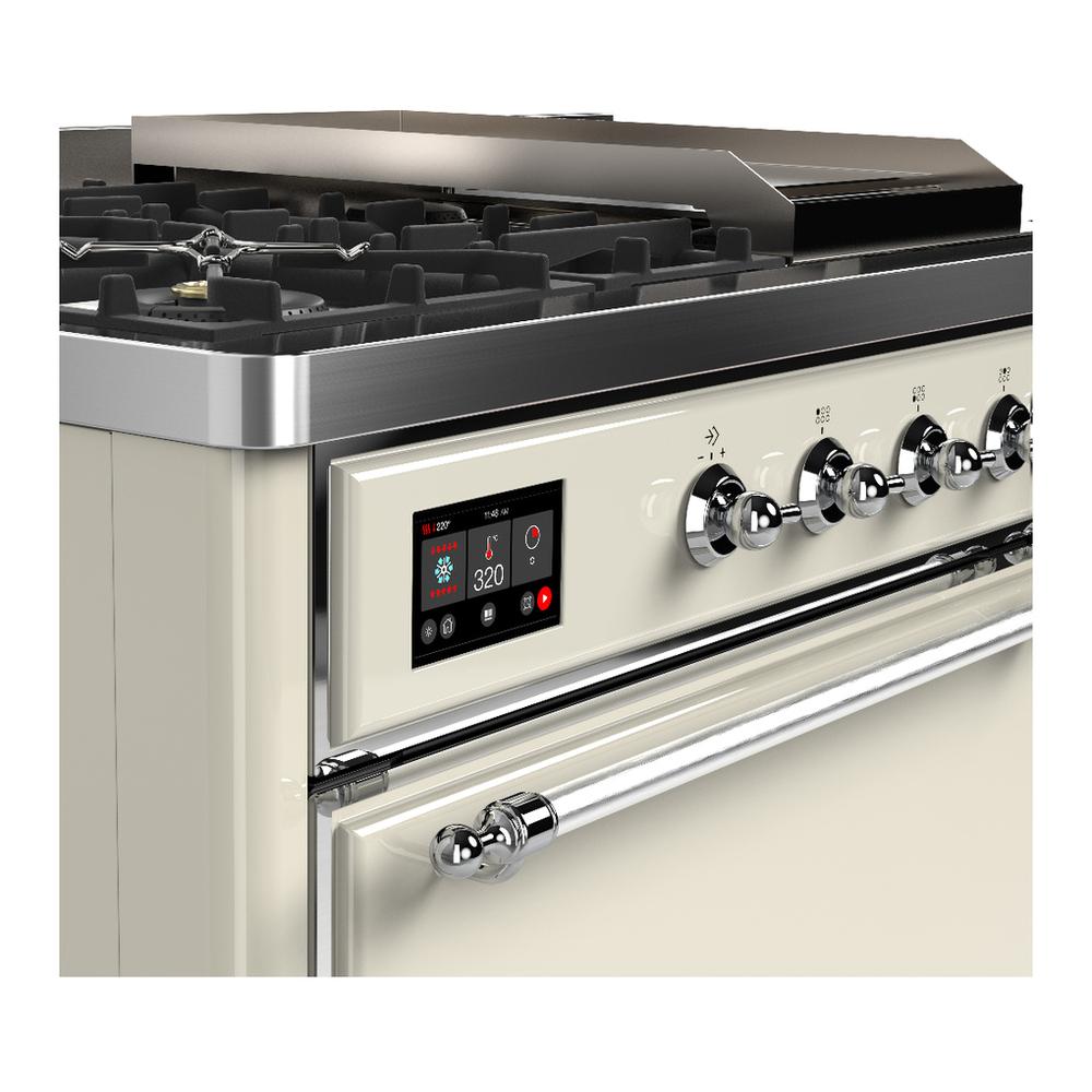 ILVE UM48FSQNR3AWCLP Majestic III 48 inch Dual Fuel Range with 5 Black Brass Burners, Griddle and French Top, Dual Function Burner up to 25,000 BTU (Liquid Propane, Solid Door, Antique White, Chrome)