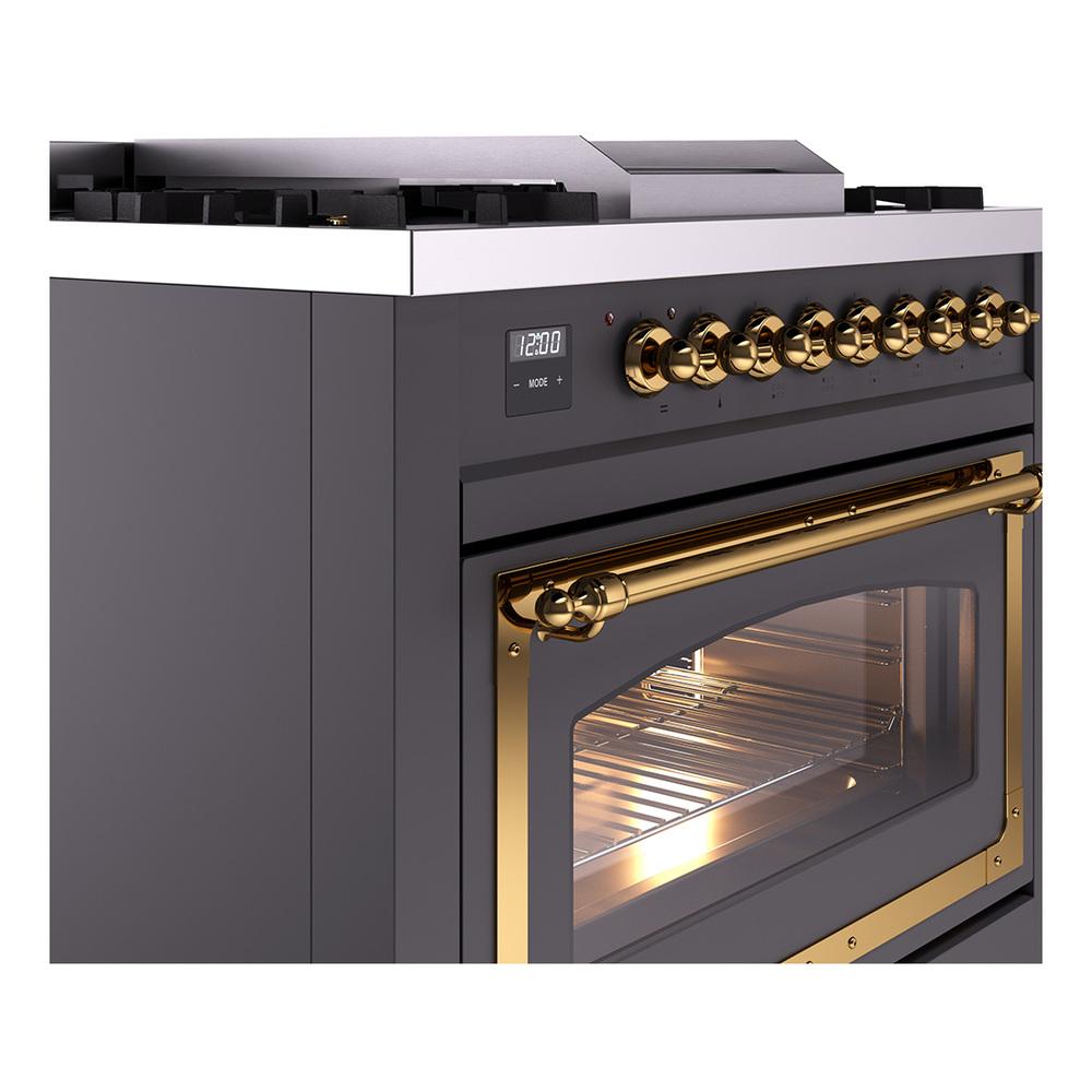 ILVE UN36FNMPMGG Nostalgie II Noblesse 36 inch Dual Fuel Range (Natural Gas, Triple Glass Door, Graphite Matte, Brass)