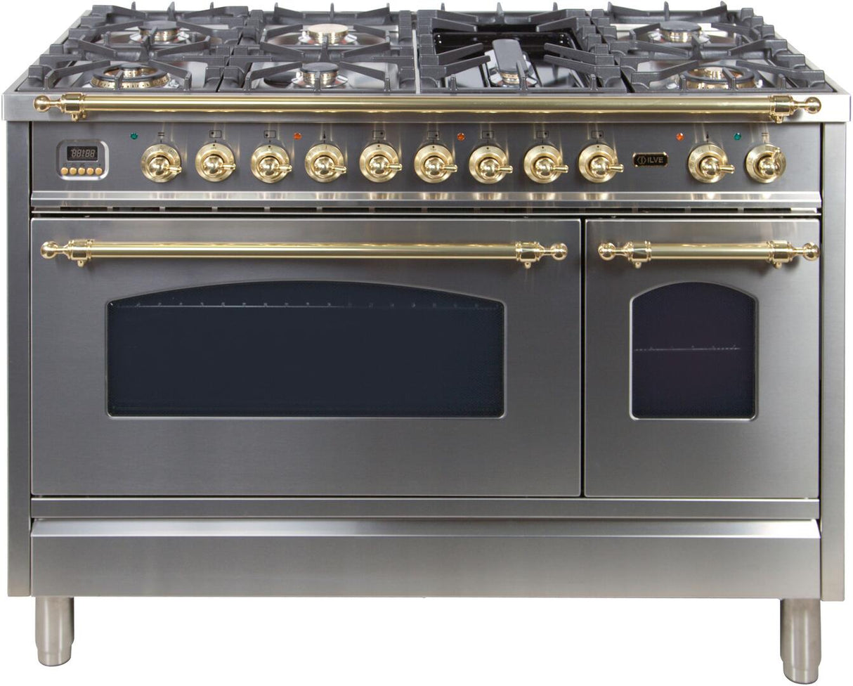 Nostalgie 48 Inch Dual Fuel Natural Gas Freestanding Range in Stainless Steel with Brass Trim