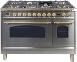 Nostalgie 48 Inch Dual Fuel Natural Gas Freestanding Range in Stainless Steel with Brass Trim
