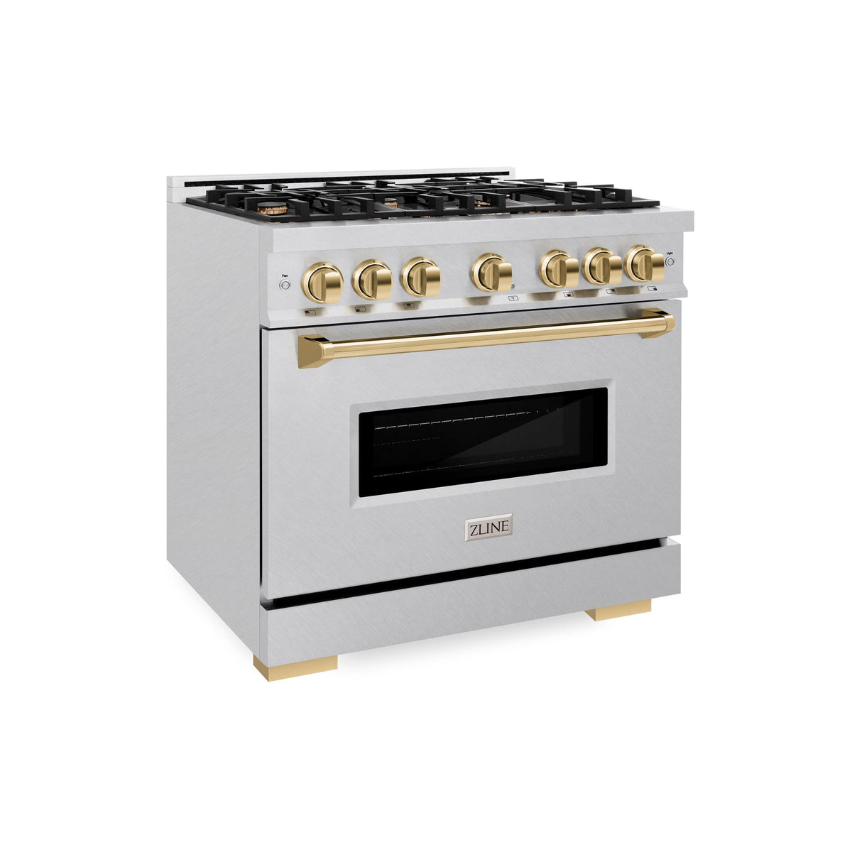 ZLINE Autograph Edition 36 in. 5.2 cu. ft. Classic Dual Fuel Range with 6 Burner Gas Cooktop and Electric Convection Oven in DuraSnow' Stainless Steel with Polished Gold Accents (CDRSZ-36-G)
