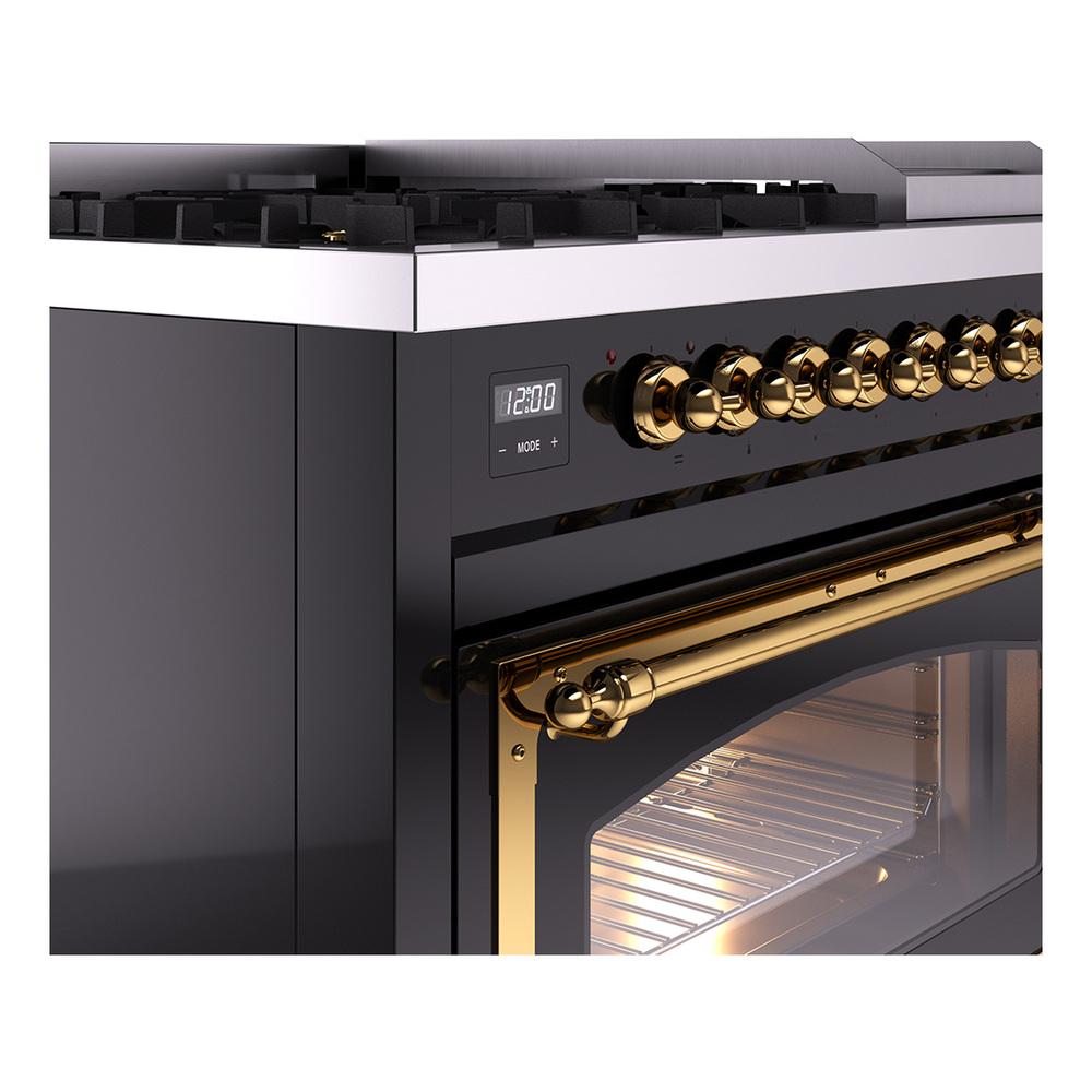 ILVE UN48FNMPBKG Nostalgie II Noblesse 48 inch Dual Fuel Range (8 Sealed Burners + Griddle, Natural Gas, Triple Glass Door, Glossy Black, Brass)