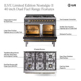 ILVE UPD406NMPMGGLP Nostalgie II 40 inch Dual Fuel Range with 6 Total Black Brass Burners, Brass Trim (Limited Edition) (Liquid Propane, Graphite Matte)