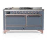 ILVE UM60FSQNR3BGPLP Majestic III 60 inch Dual Fuel Range with 7 Burners, Griddle and French Top, Dual Function Burner with up to 25,000 BTU (Liquid Propane, Solid Door, Blue Grey, Copper)