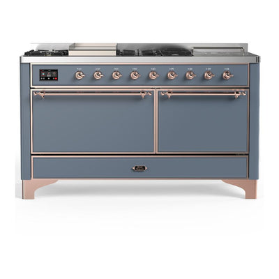 ILVE UM60FSQNR3BGPLP Majestic III 60 inch Dual Fuel Range with 7 Burners, Griddle and French Top, Dual Function Burner with up to 25,000 BTU (Liquid Propane, Solid Door, Blue Grey, Copper)