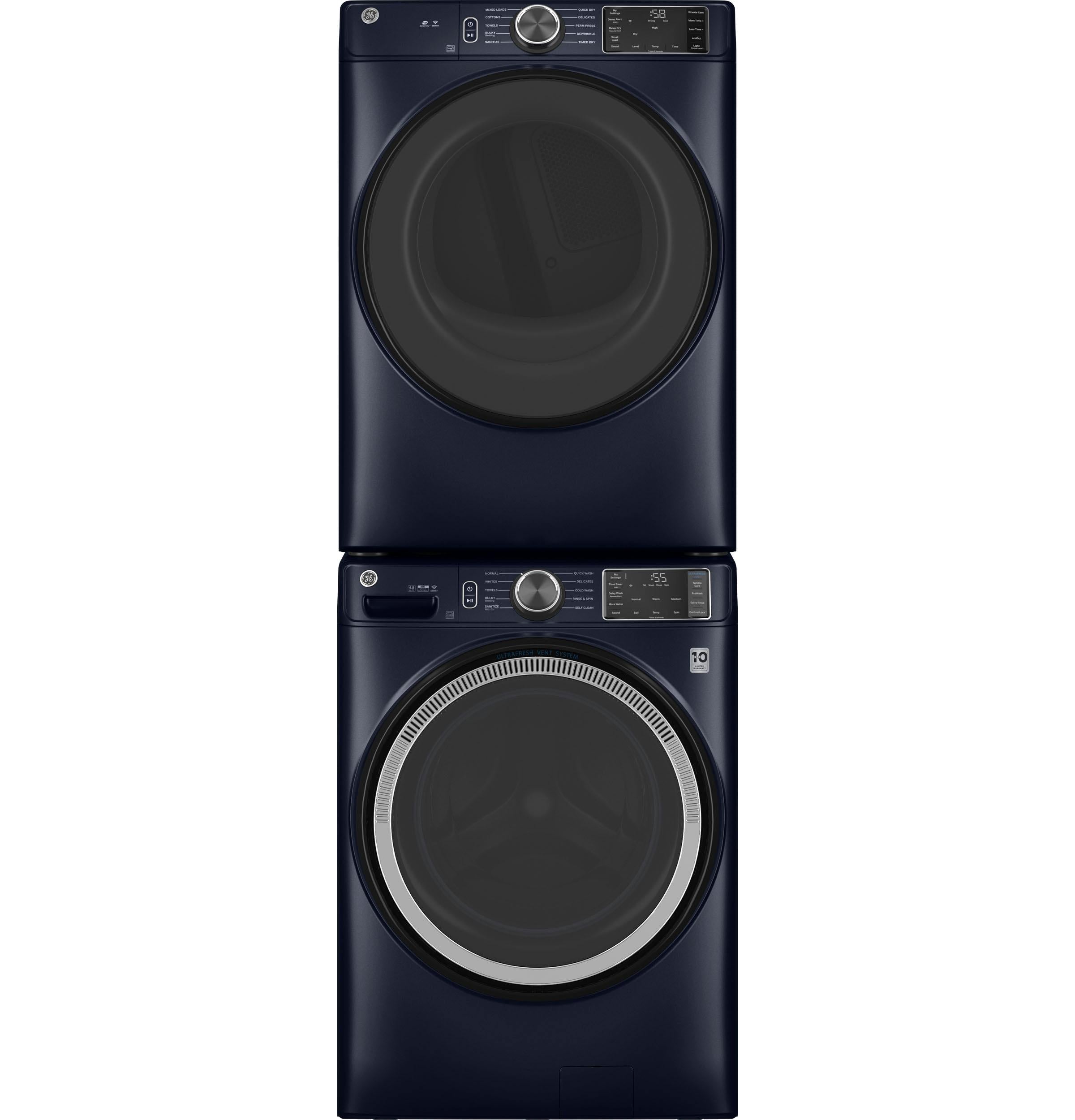 GE Appliances Sapphire Blue Front Load Washer & Electric Dryer Stacked Set with Stacking Kit