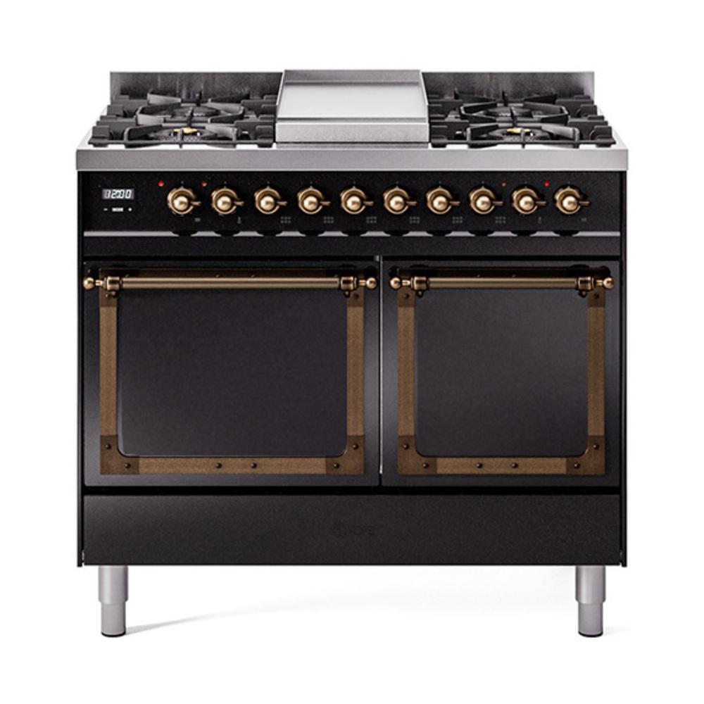 ILVE UND40FQNMPBKB Nostalgie II Noblesse 40 inch Dual Fuel Range (Natural Gas, Solid Door, Glossy Black, Burnished)
