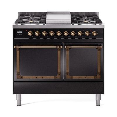 ILVE UND40FQNMPBKB Nostalgie II Noblesse 40 inch Dual Fuel Range (Natural Gas, Solid Door, Glossy Black, Burnished)