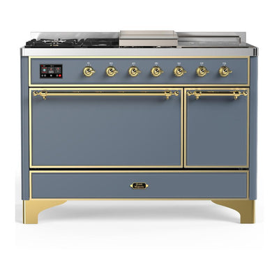 ILVE UM48FSQNR3BGGLP Majestic III 48 inch Dual Fuel Range with 5 Black Brass Burners, Griddle and French Top, Dual Function Burner up to 25,000 BTU (Liquid Propane, Solid Door, Blue Grey, Brass)