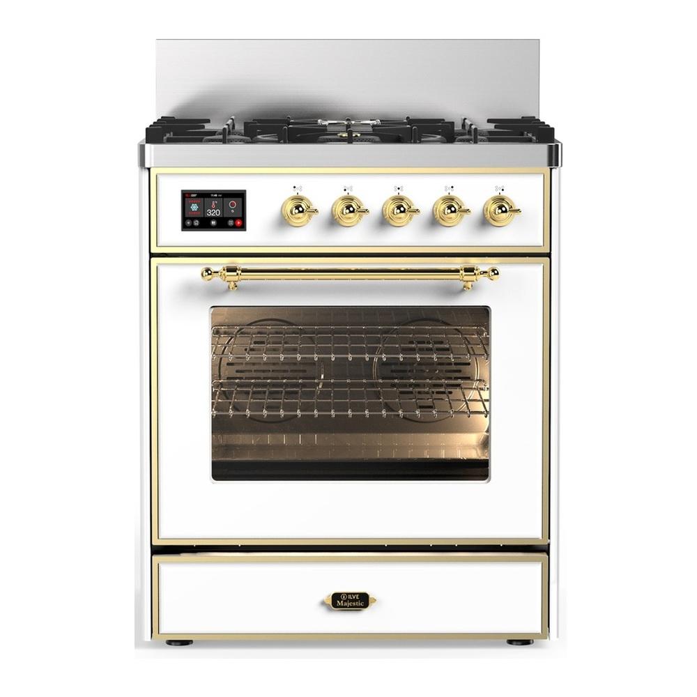 ILVE UM30NR3WHGLP Majestic III 30 inch Dual Fuel Range with 5 Black Brass Burners, Dual Function Burner up to 25,000 BTU (Liquid Propane, Triple Glass Door, White, Brass)