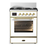 ILVE UM30NR3WHGLP Majestic III 30 inch Dual Fuel Range with 5 Black Brass Burners, Dual Function Burner up to 25,000 BTU (Liquid Propane, Triple Glass Door, White, Brass)