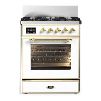 ILVE UM30NR3WHGLP Majestic III 30 inch Dual Fuel Range with 5 Black Brass Burners, Dual Function Burner up to 25,000 BTU (Liquid Propane, Triple Glass Door, White, Brass)