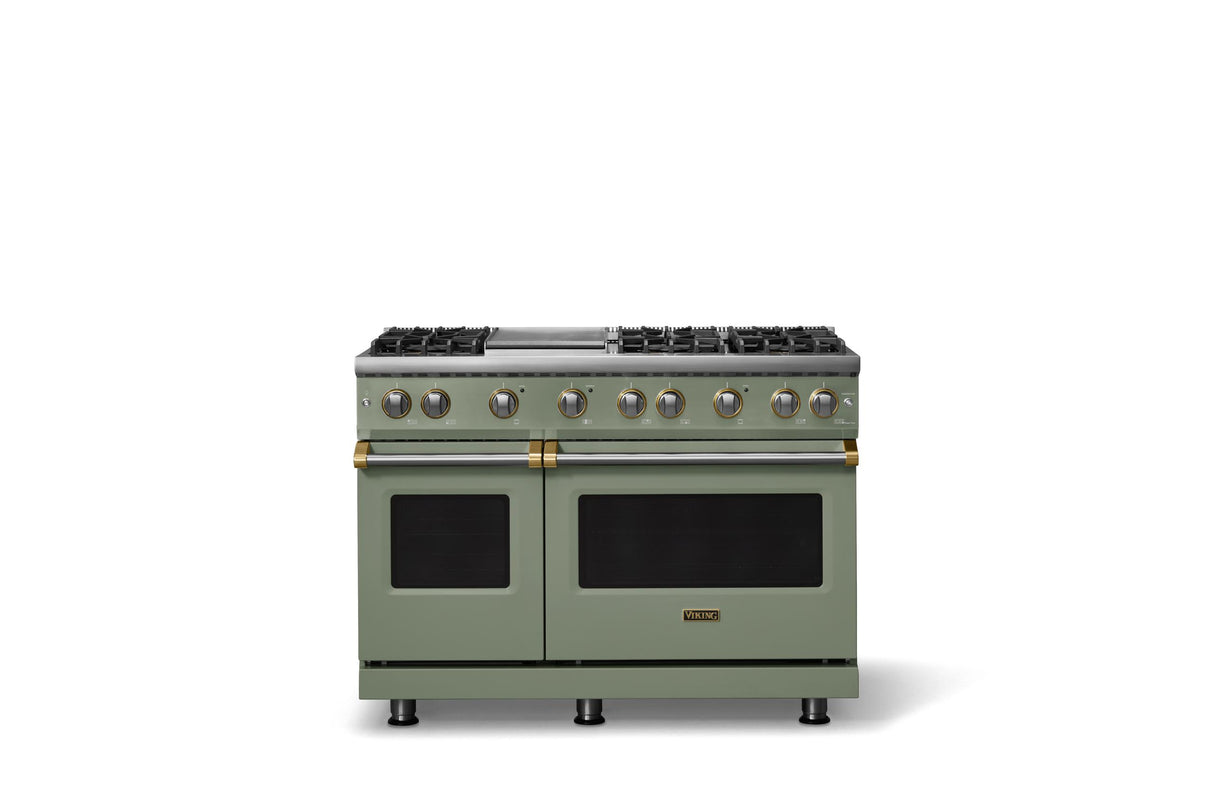 48"W. Sealed Burner Gas Range (Burner: 6g, Finish: Eucalyptus, Trim: Brushed Brass, Fuel: Natural Gas)