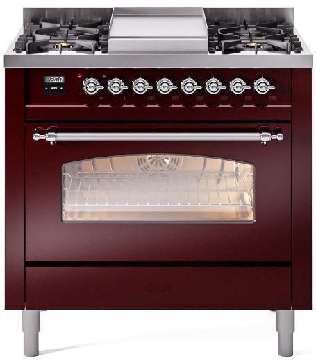 Nostalgie II 36 Inch Dual Fuel Liquid Propane Freestanding Range in Burgundy with Chrome Trim