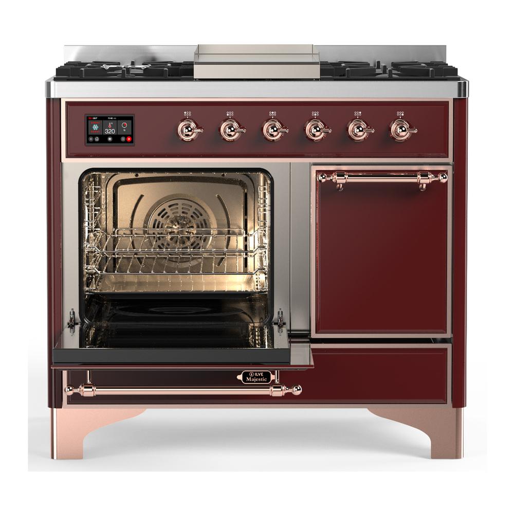 ILVE UMD40FQNR3BUPLP Majestic III 40 inch Dual Fuel Range with 6 Burners and Griddle, Dual Function Burner up to 25,000 BTU (Liquid Propane, Solid Door, Burgundy, Copper)