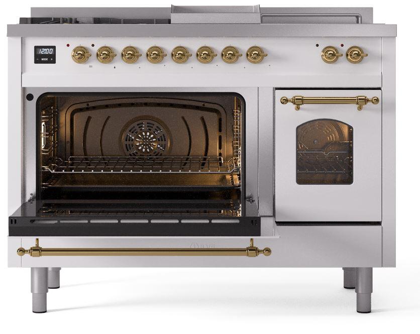 Nostalgie II 48 Inch Dual Fuel Natural Gas Freestanding Range in White with Brass Trim