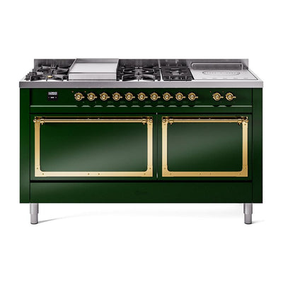 ILVE UN60FSQNMPEGGLP Nostalgie II Noblesse 60 inch Dual Fuel Range (7 Sealed Burners + Griddle + French Top, Liquid Propane, Solid Door, Emerald Green, Brass)