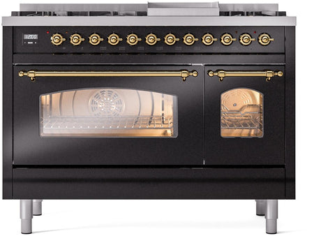 Nostalgie II 48 Inch Dual Fuel Natural Gas Freestanding Range in Glossy Black with Brass Trim