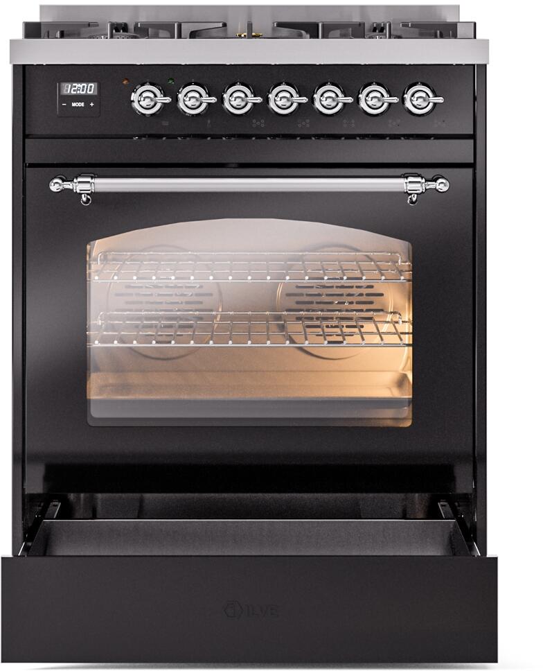 Nostalgie II 30 Inch Dual Fuel Liquid Propane Freestanding Range in Glossy Black with Chrome Trim