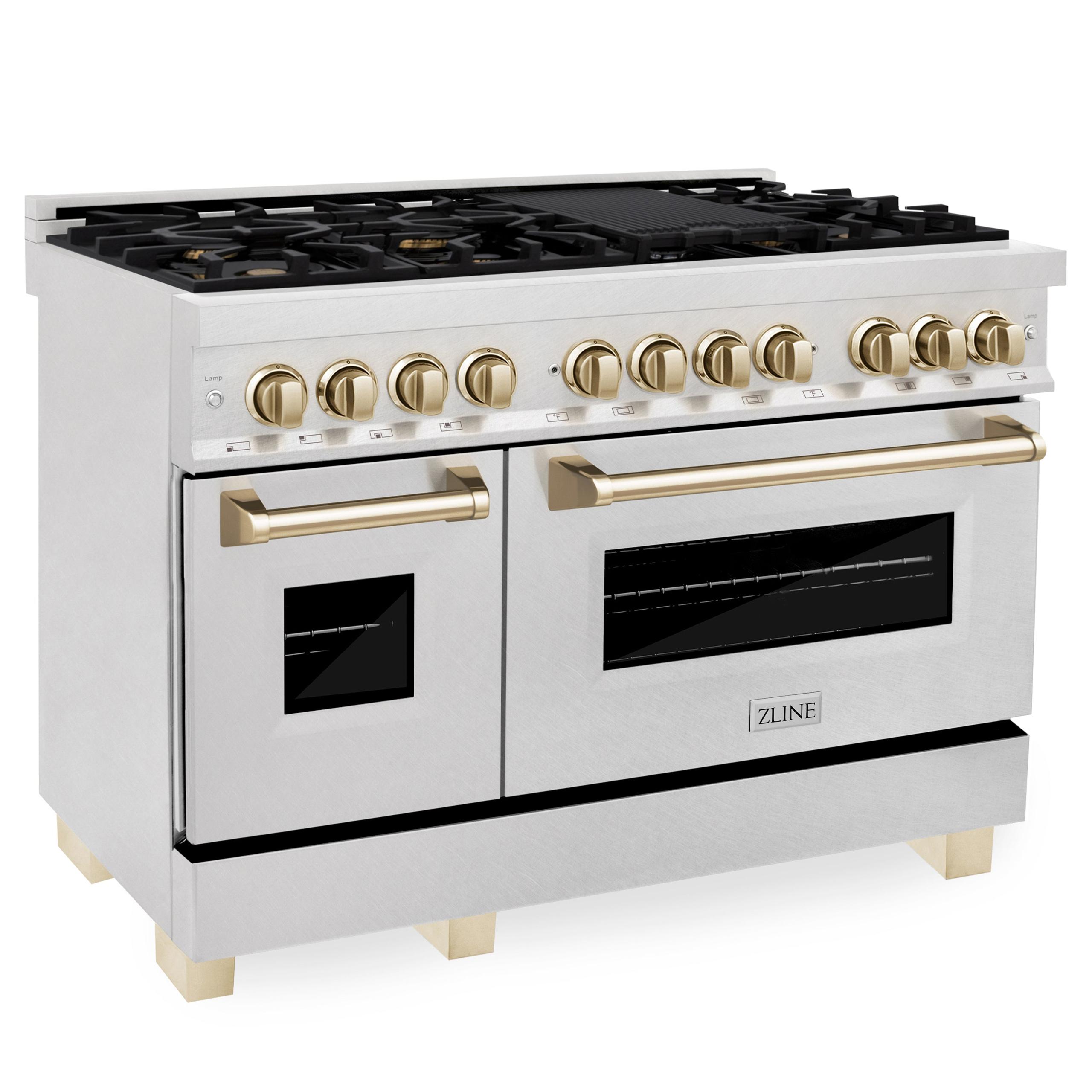 ZLINE Autograph Edition 48" 6.0 cu. ft. Dual Fuel Range with Gas Stove and Electric Oven in DuraSnow Stainless Steel (RASZ-SN-48) [Color: Gold]