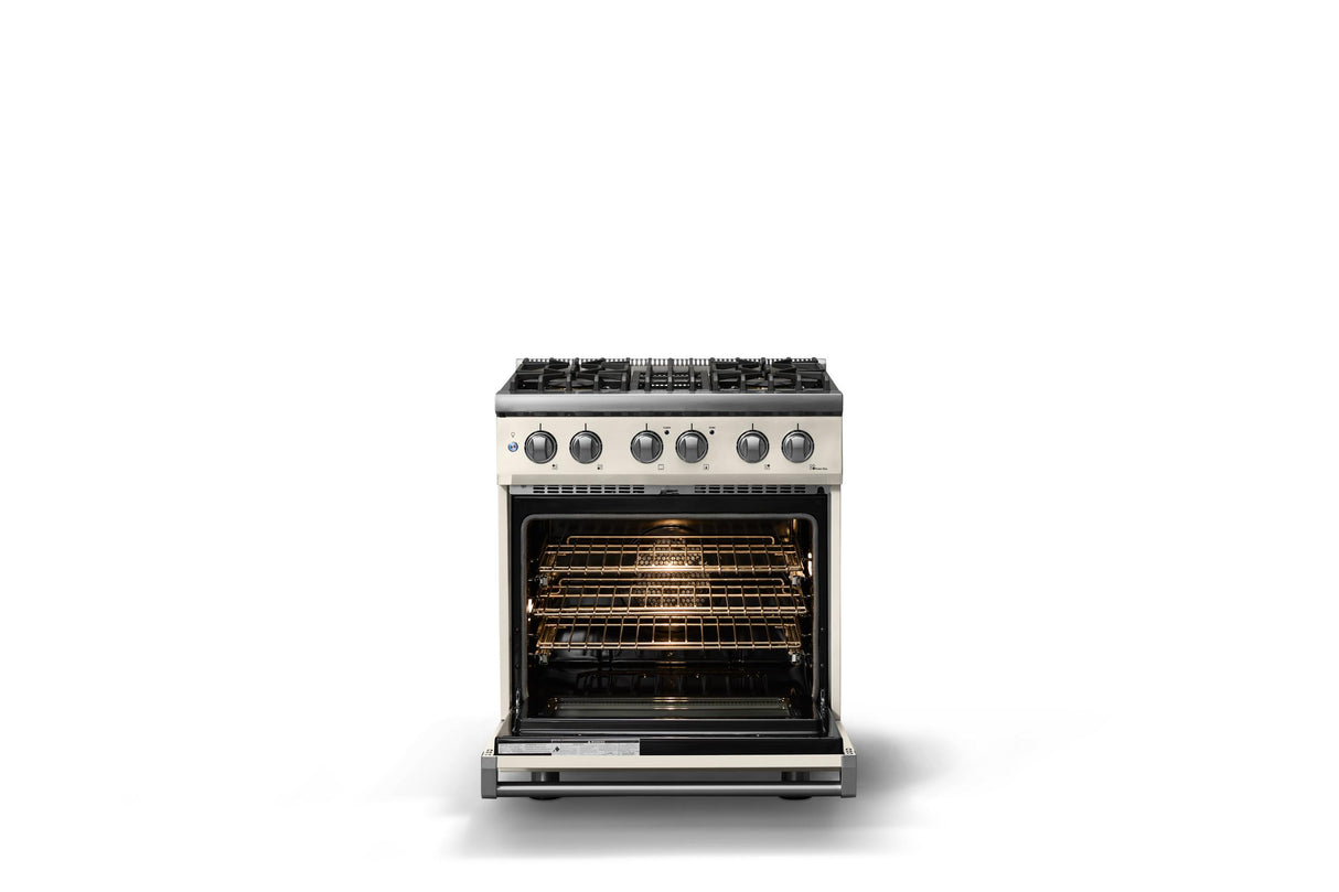 30"W. Dual Fuel Range (Finish: Pure White, Trim: Polished Chrome, Fuel: Natural Gas)
