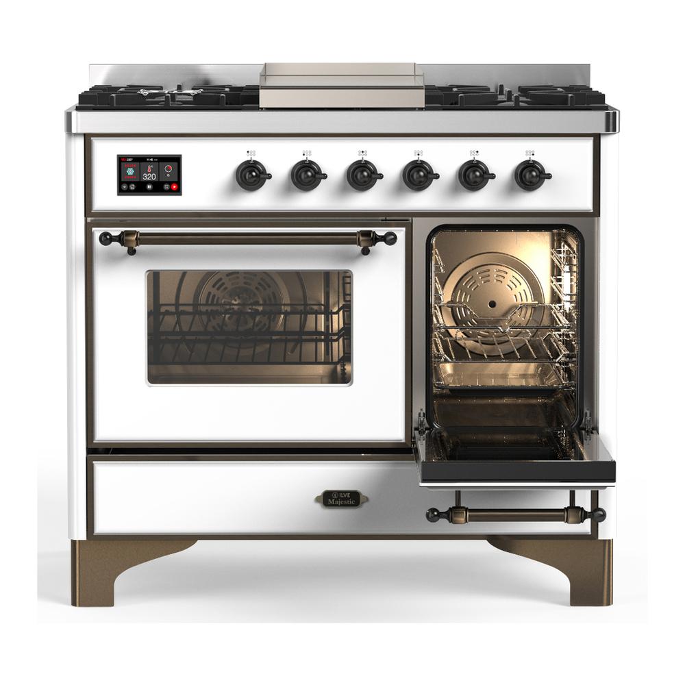ILVE UMD40FNR3WHB Majestic III 40 inch Dual Fuel Range with 6 Burners and Griddle, Dual Function Burner up to 25,000 BTU (Natural Gas, Triple Glass Door, White, Burnished)