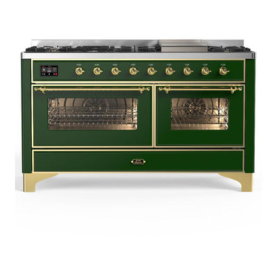 ILVE UM60FNR3EGP Majestic III 60 inch Dual Fuel Range with 9 Burners and Griddle, Dual Function Burner up to 25,000 BTU (Natural Gas, Triple Glass Door, Emerald Green, Copper)