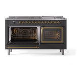 ILVE UN60FNMPMGG Nostalgie II Noblesse 60 inch Dual Fuel Range (9 Sealed Burners + Griddle, Natural Gas, Triple Glass Door, Graphite Matte, Brass)