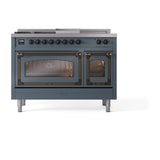 ILVE UN48FSNMPBGB Nostalgie II Noblesse 48 inch Dual Fuel Range (5 Sealed Burners + Griddle + French Top, Natural Gas, Triple Glass Door, Blue Grey, Burnished)