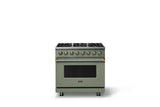 36"W. Dual Fuel Range (Burner: 6b, Finish: Eucalyptus, Trim: Brushed Brass, Fuel: Natural Gas)